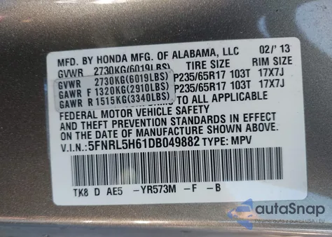 2013 Honda Odyssey Ex-L z USA, uszkodzony, nr VIN 5FNRL5H61DB049882